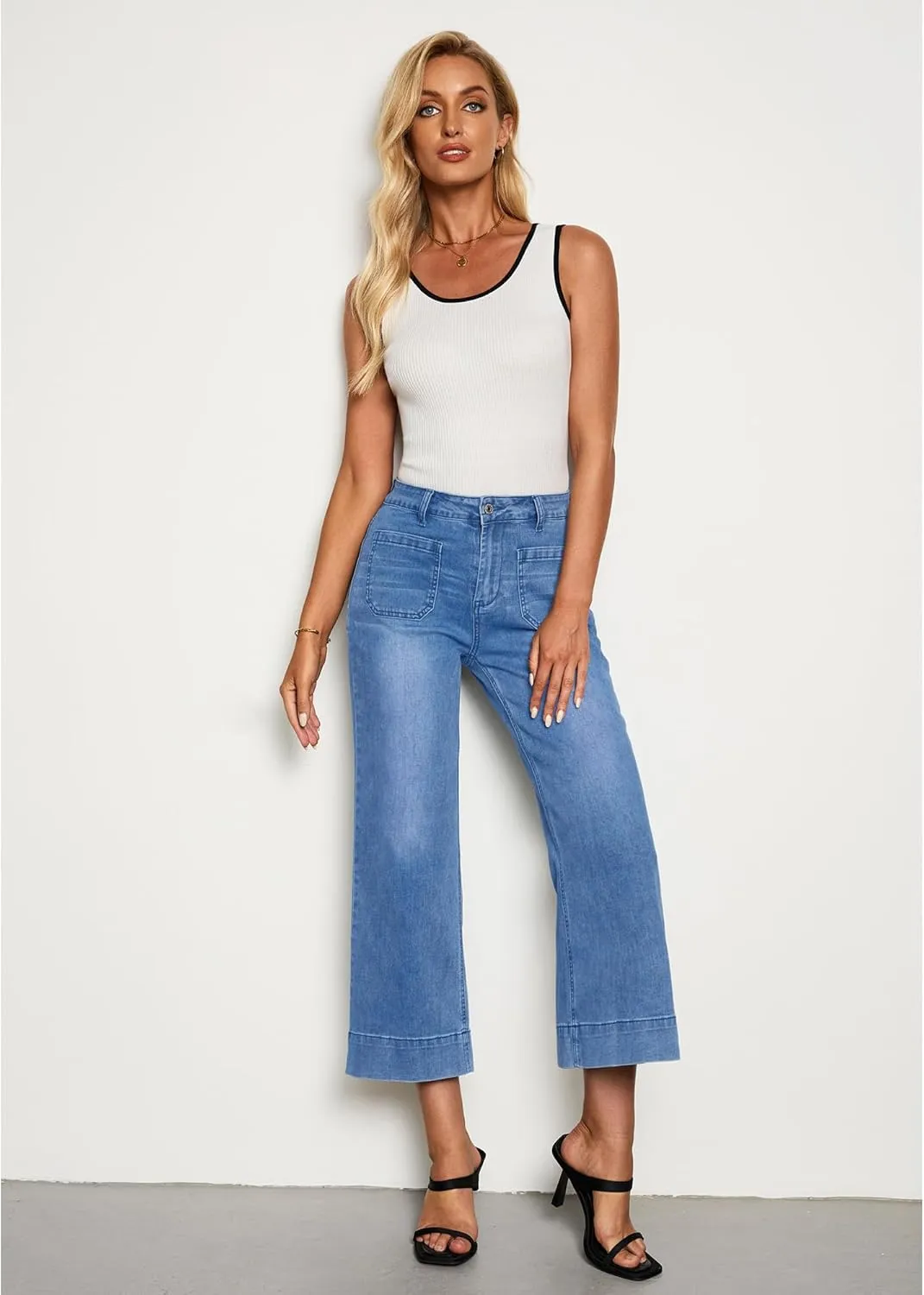 LookbookStore Wide Leg Cropped Jeans for Women High Waisted Stretchy Denim Jean Pants Baggy Flare Trouser Jeans Pockets
