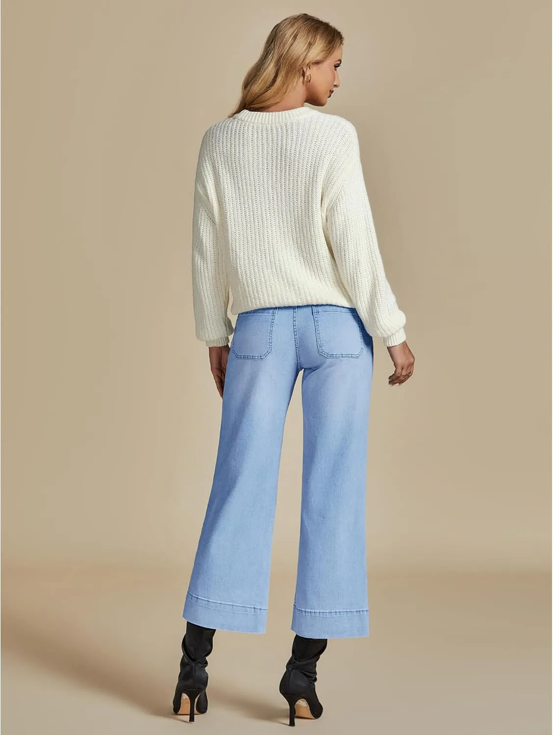 LookbookStore Wide Leg Cropped Jeans for Women High Waisted Stretchy Denim Jean Pants Baggy Flare Trouser Jeans Pockets