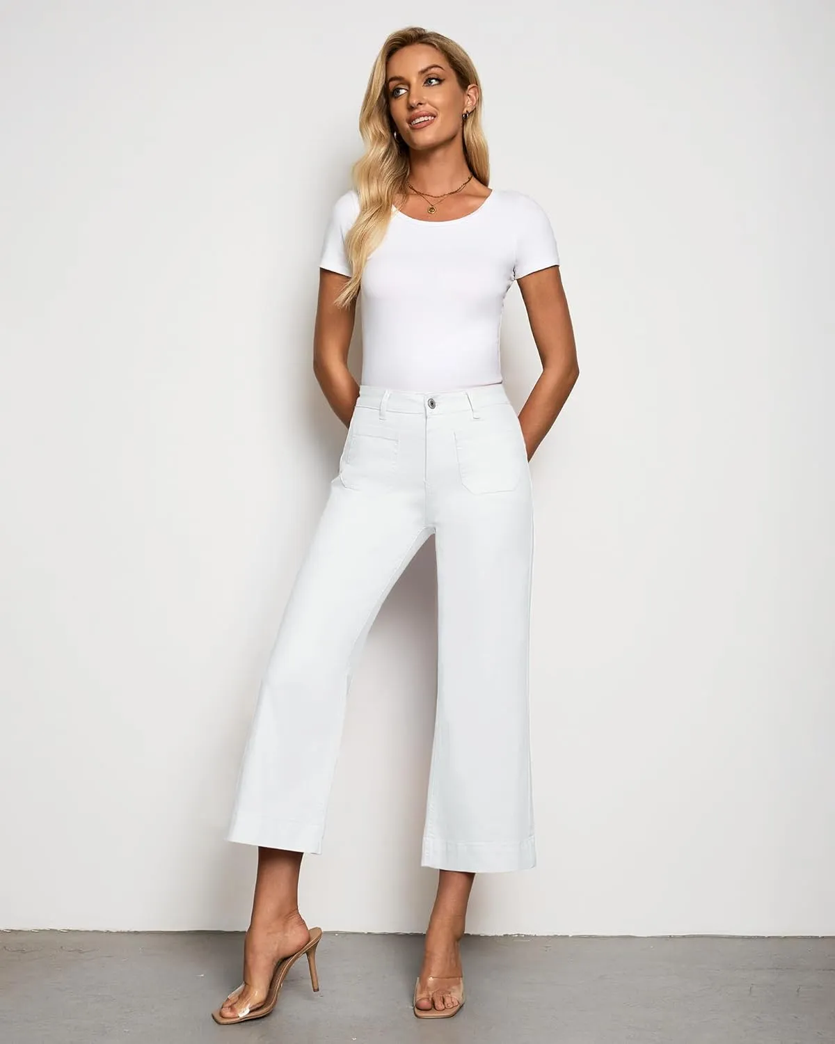 LookbookStore Wide Leg Cropped Jeans for Women High Waisted Stretchy Denim Jean Pants Baggy Flare Trouser Jeans Pockets