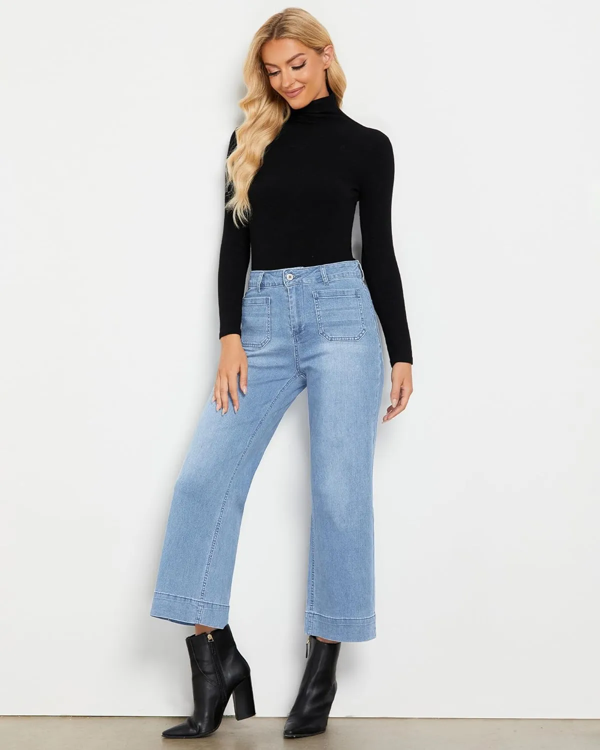 LookbookStore Wide Leg Cropped Jeans for Women High Waisted Stretchy Denim Jean Pants Baggy Flare Trouser Jeans Pockets