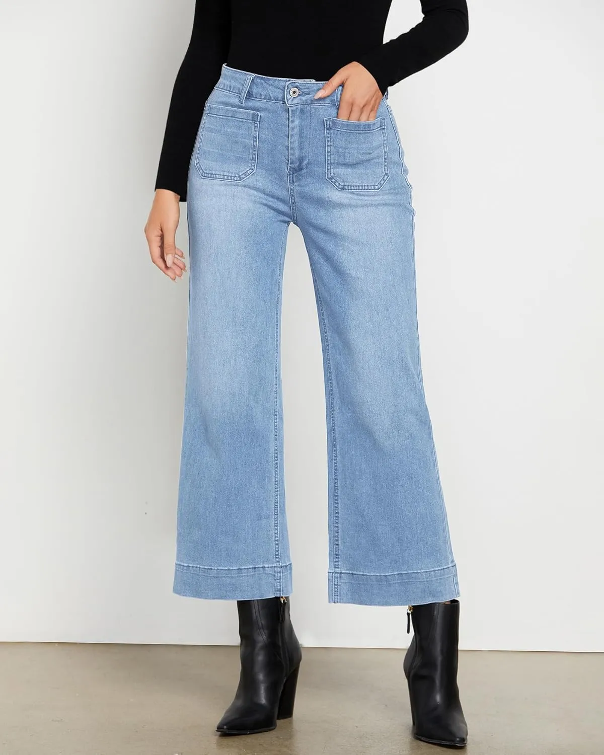 LookbookStore Wide Leg Cropped Jeans for Women High Waisted Stretchy Denim Jean Pants Baggy Flare Trouser Jeans Pockets