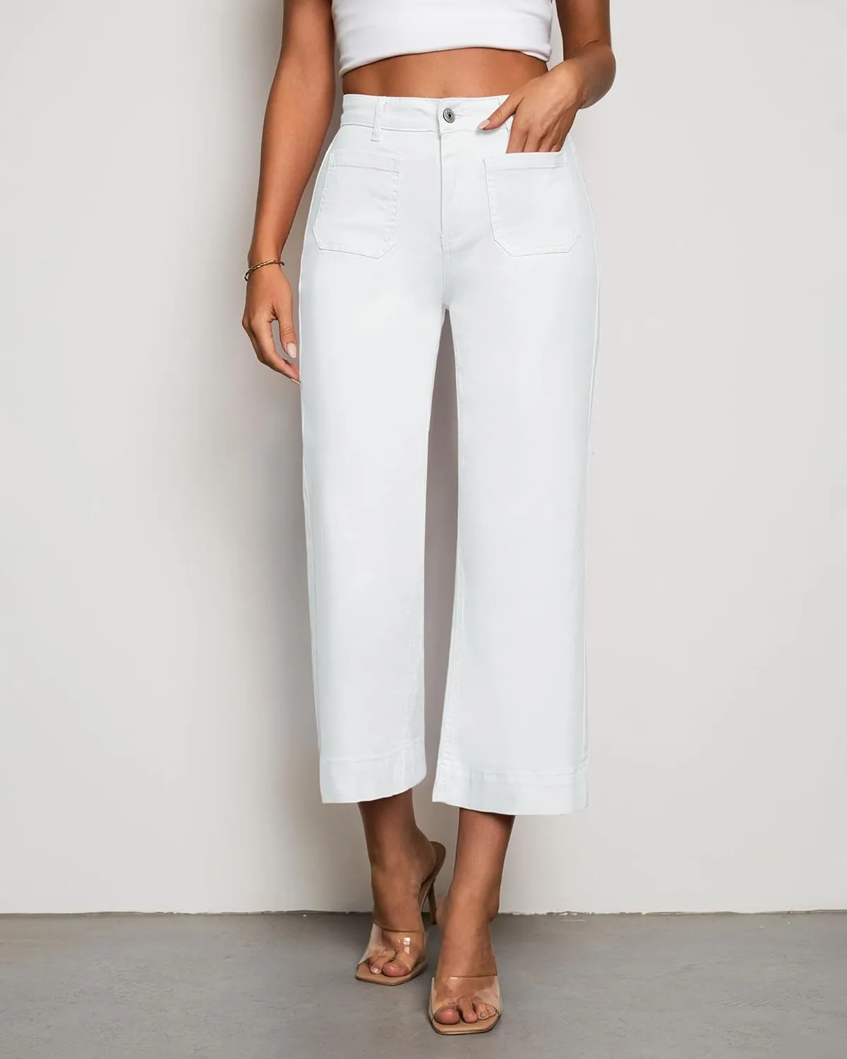 LookbookStore Wide Leg Cropped Jeans for Women High Waisted Stretchy Denim Jean Pants Baggy Flare Trouser Jeans Pockets