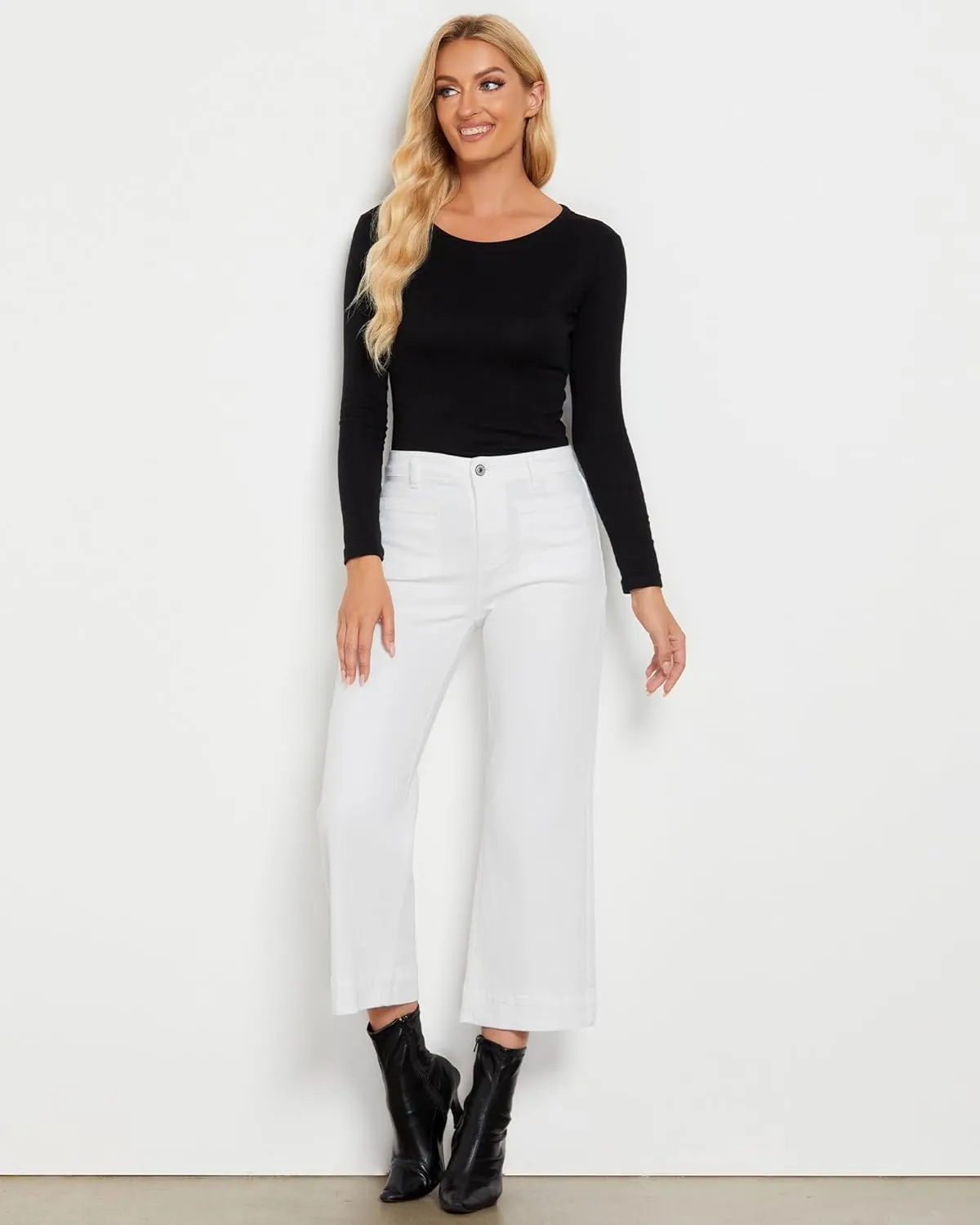 LookbookStore Wide Leg Cropped Jeans for Women High Waisted Stretchy Denim Jean Pants Baggy Flare Trouser Jeans Pockets