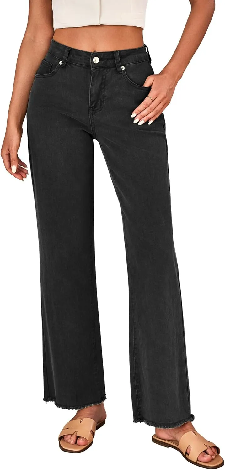 LookbookStore Wide Leg Jeans for Women Trendy High Waisted Straight Leg Frayed Hem Baggy Stretchy Denim Trousers Pants