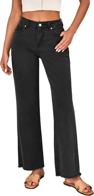LookbookStore Wide Leg Jeans for Women Trendy High Waisted Straight Leg Frayed Hem Baggy Stretchy Denim Trousers Pants
