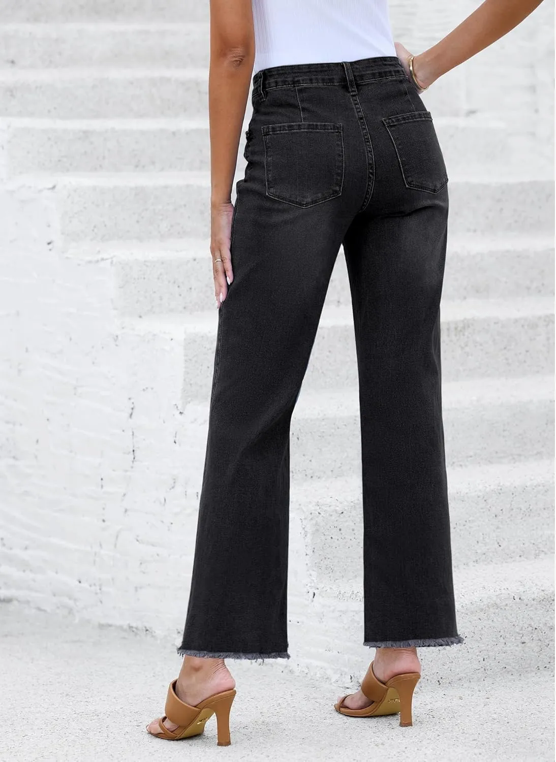 LookbookStore Wide Leg Jeans for Women Trendy High Waisted Straight Leg Frayed Hem Baggy Stretchy Denim Trousers Pants