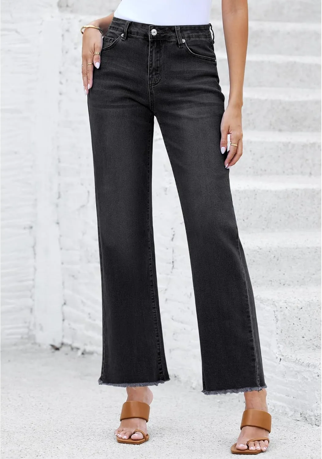 LookbookStore Wide Leg Jeans for Women Trendy High Waisted Straight Leg Frayed Hem Baggy Stretchy Denim Trousers Pants
