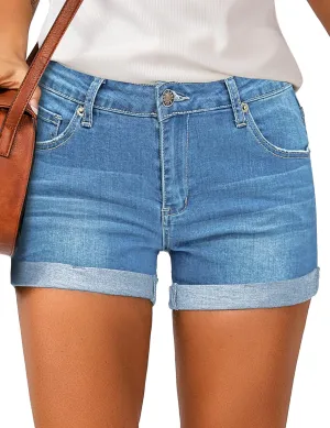 LookbookStore Women's High Waisted Rolled Hem Distressed Jeans Ripped Denim Shorts