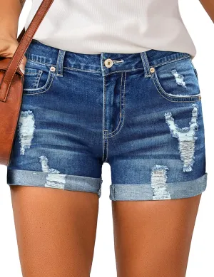 LookbookStore Women's High Waisted Rolled Hem Distressed Jeans Ripped Denim Shorts