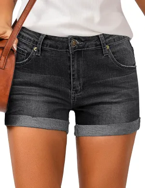 LookbookStore Women's High Waisted Rolled Hem Distressed Jeans Ripped Denim Shorts