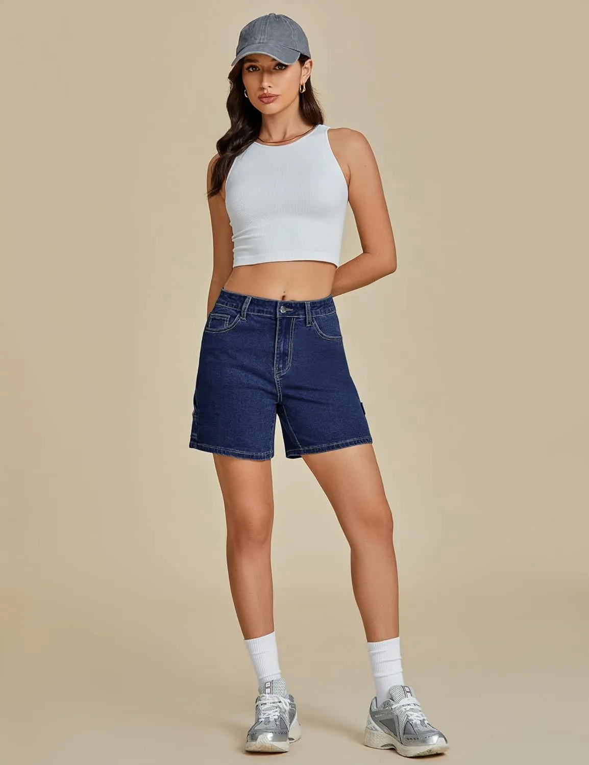 luvamia Jean Shorts for Women High Waisted Trendy Casual Utility Stretchy Denim Jorts Cutoff Long Shorts with Pockets