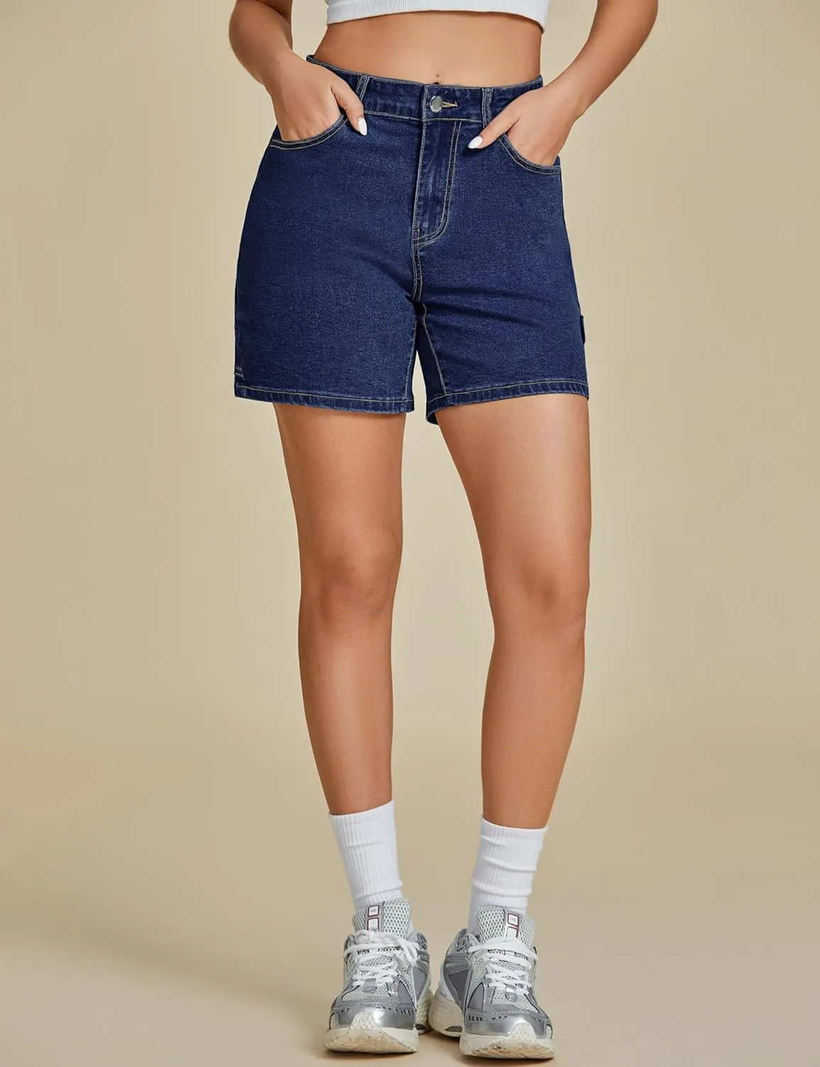 luvamia Jean Shorts for Women High Waisted Trendy Casual Utility Stretchy Denim Jorts Cutoff Long Shorts with Pockets