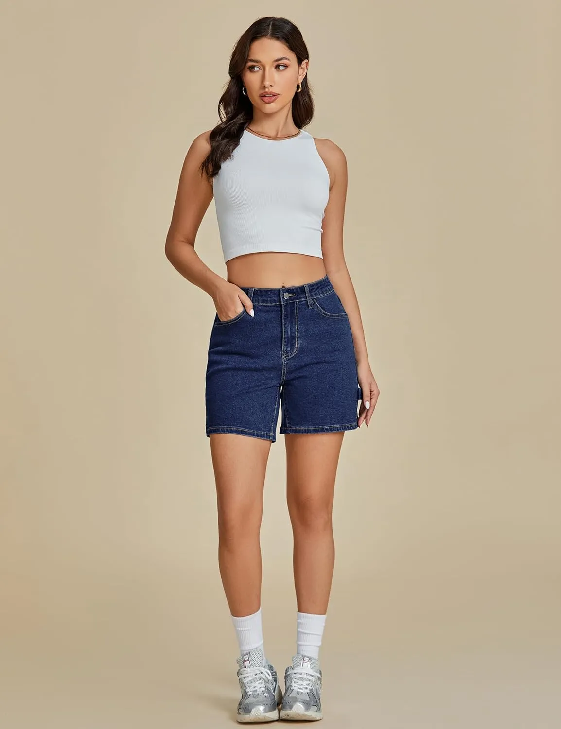 luvamia Jean Shorts for Women High Waisted Trendy Casual Utility Stretchy Denim Jorts Cutoff Long Shorts with Pockets