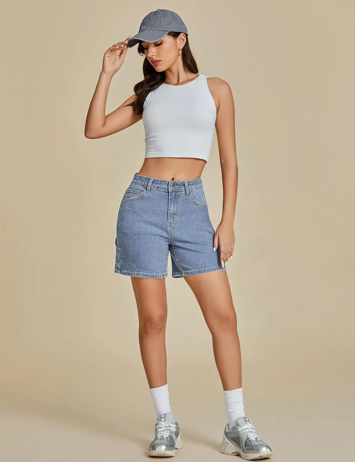 luvamia Jean Shorts for Women High Waisted Trendy Casual Utility Stretchy Denim Jorts Cutoff Long Shorts with Pockets