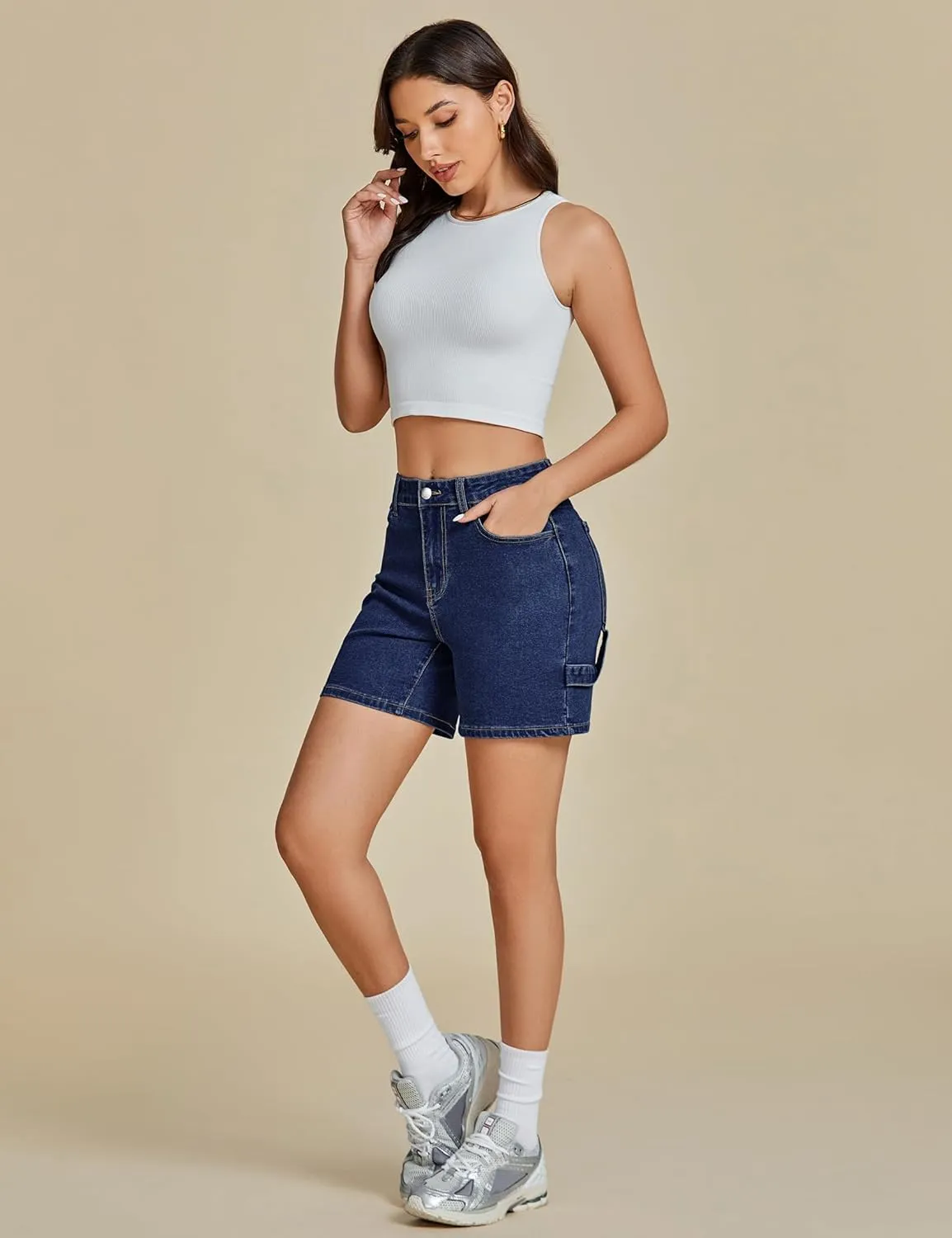luvamia Jean Shorts for Women High Waisted Trendy Casual Utility Stretchy Denim Jorts Cutoff Long Shorts with Pockets