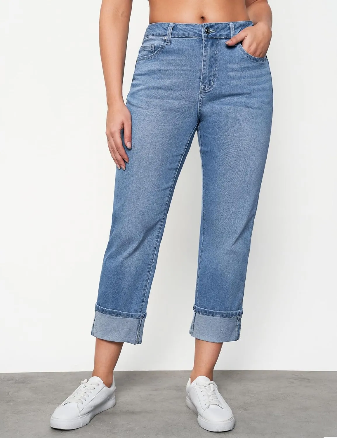 luvamia Straight Leg Jeans for Women Trendy Cropped High Waisted Cuffed Hem Stretchy Boyfriend Capri Jeans with Pockets