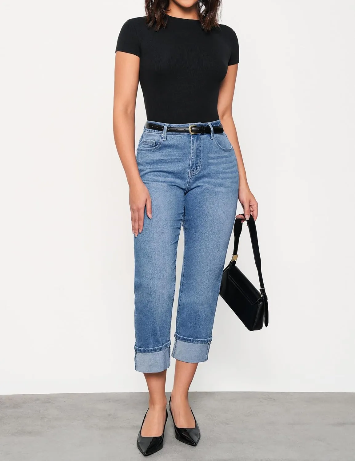 luvamia Straight Leg Jeans for Women Trendy Cropped High Waisted Cuffed Hem Stretchy Boyfriend Capri Jeans with Pockets