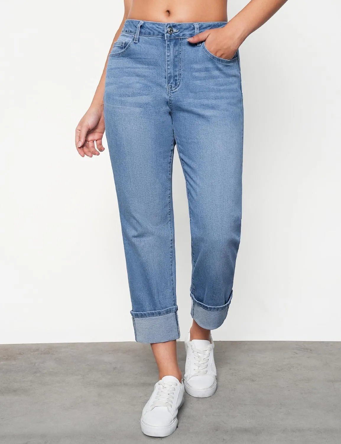 luvamia Straight Leg Jeans for Women Trendy Cropped High Waisted Cuffed Hem Stretchy Boyfriend Capri Jeans with Pockets