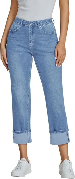 luvamia Straight Leg Jeans for Women Trendy Cropped High Waisted Cuffed Hem Stretchy Boyfriend Capri Jeans with Pockets