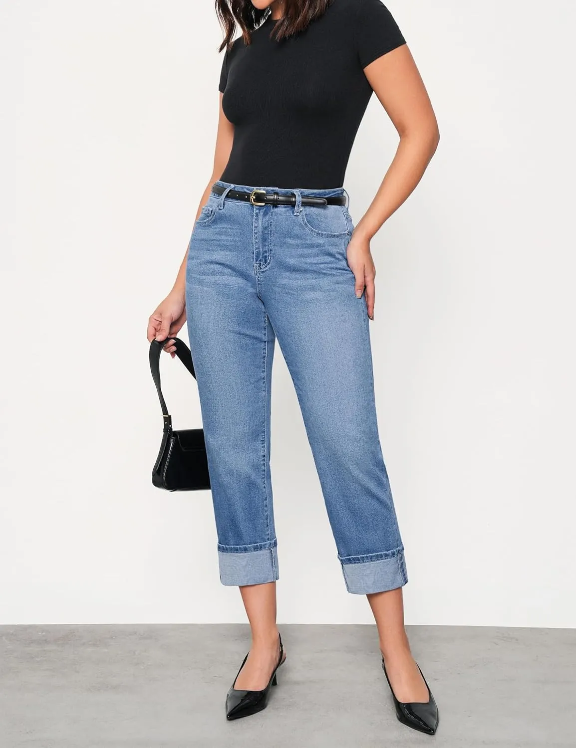 luvamia Straight Leg Jeans for Women Trendy Cropped High Waisted Cuffed Hem Stretchy Boyfriend Capri Jeans with Pockets