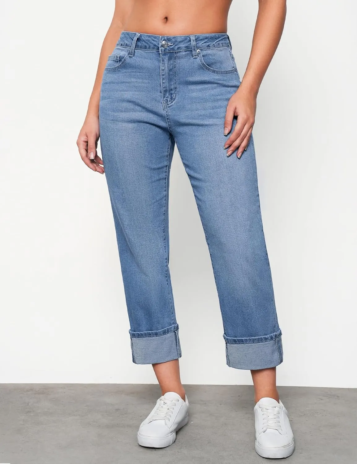 luvamia Straight Leg Jeans for Women Trendy Cropped High Waisted Cuffed Hem Stretchy Boyfriend Capri Jeans with Pockets