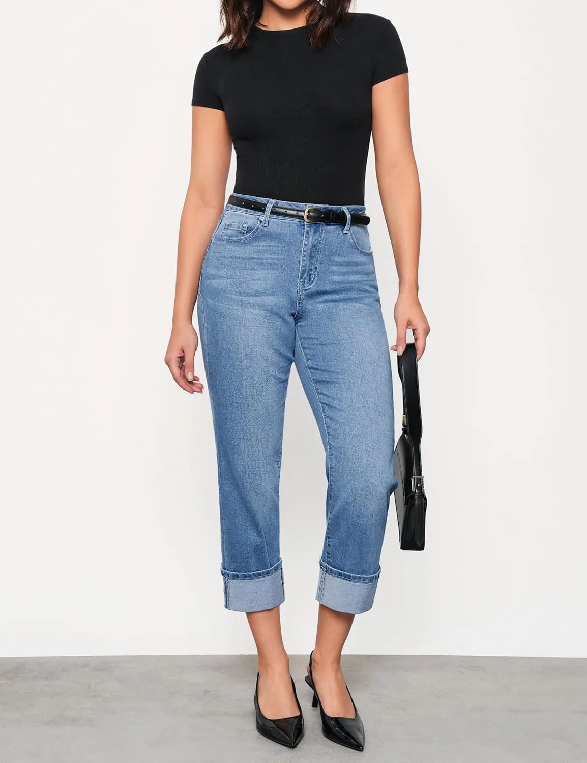 luvamia Straight Leg Jeans for Women Trendy Cropped High Waisted Cuffed Hem Stretchy Boyfriend Capri Jeans with Pockets
