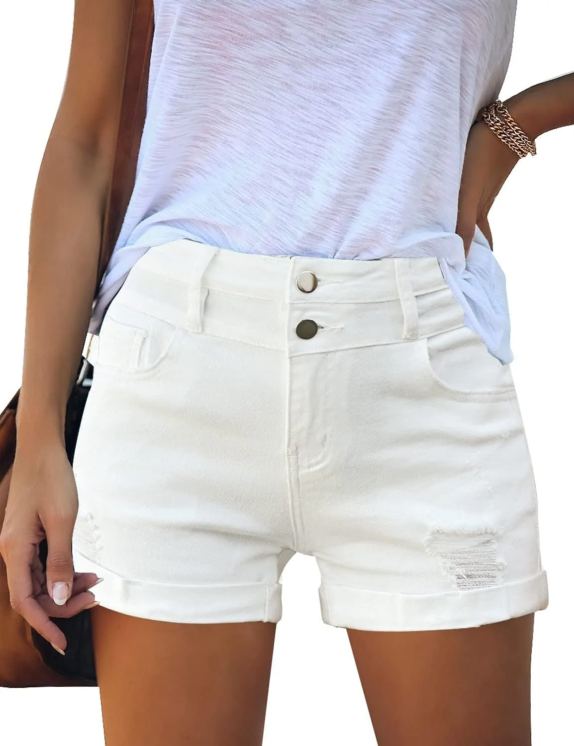 luvamia Women's Ripped High Waisted Denim Shorts Stretchy Cuffed Hem Jean Shorts
