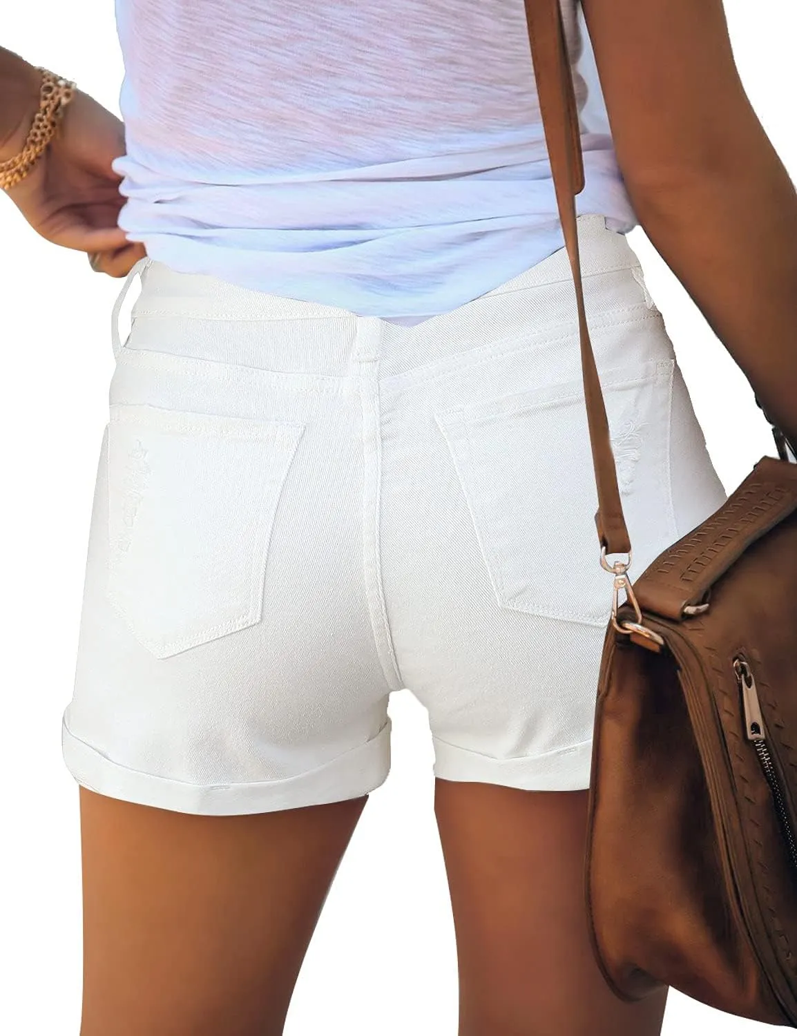 luvamia Women's Ripped High Waisted Denim Shorts Stretchy Cuffed Hem Jean Shorts