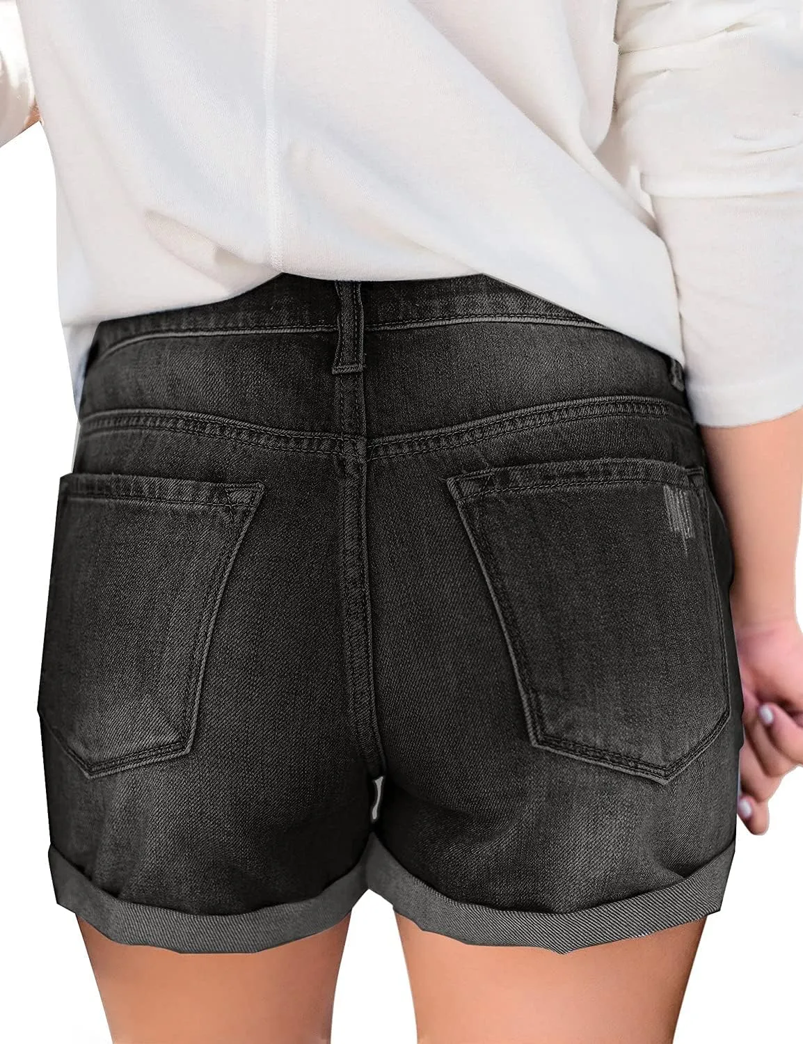 luvamia Women's Ripped High Waisted Denim Shorts Stretchy Cuffed Hem Jean Shorts