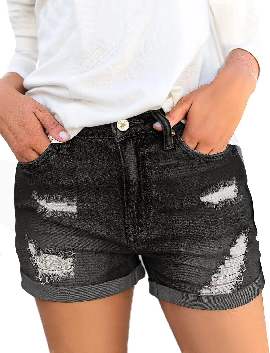 luvamia Women's Ripped High Waisted Denim Shorts Stretchy Cuffed Hem Jean Shorts