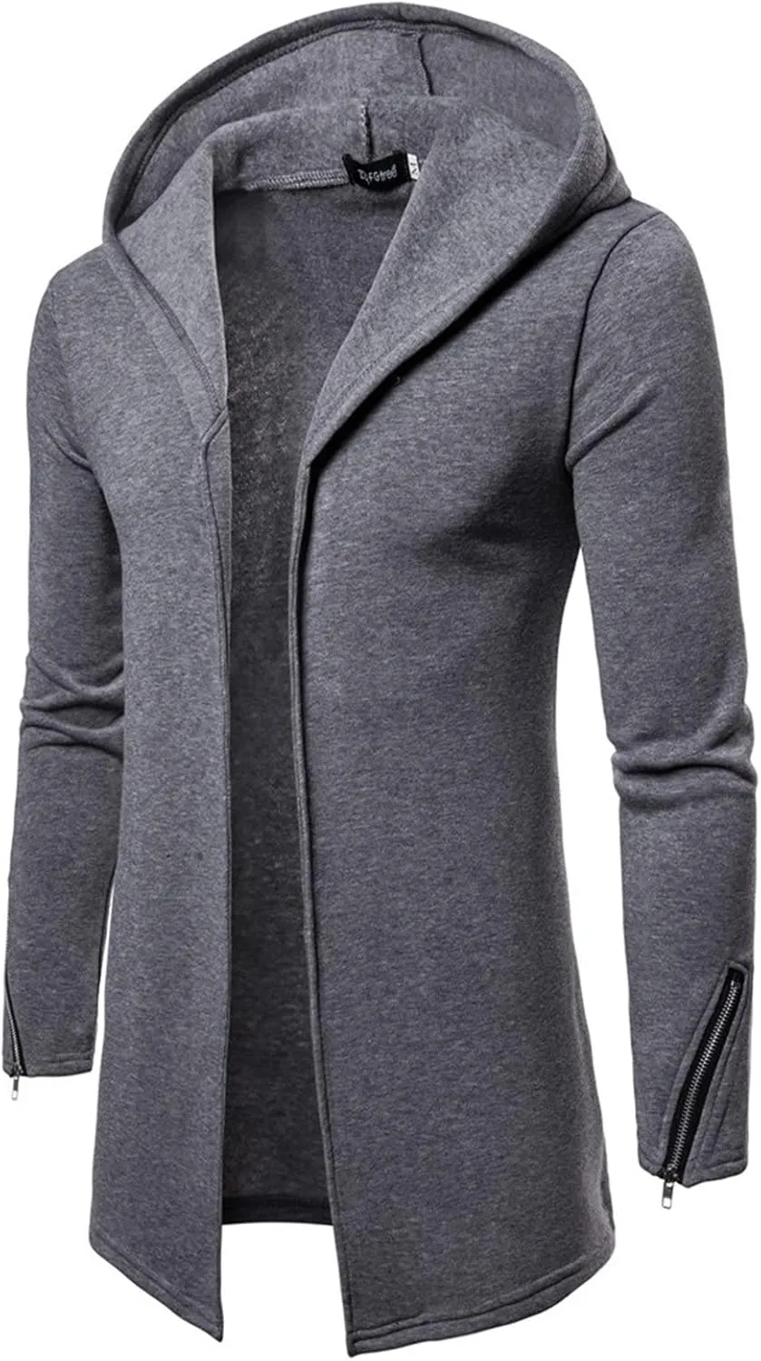 Maiyifu-GJ Men's Long Hooded Cardigan Jacket Long Sleeve Open Front Longline Coat Lightweight Trench Coat Sweatshirt