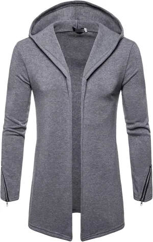 Maiyifu-GJ Men's Long Hooded Cardigan Jacket Long Sleeve Open Front Longline Coat Lightweight Trench Coat Sweatshirt