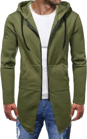 Maiyifu-GJ Mens Longline Cardigan Jacket Long Sleeve Zip Up Hooded Sweater Lightweight Casual Open Front Coat with Pockets