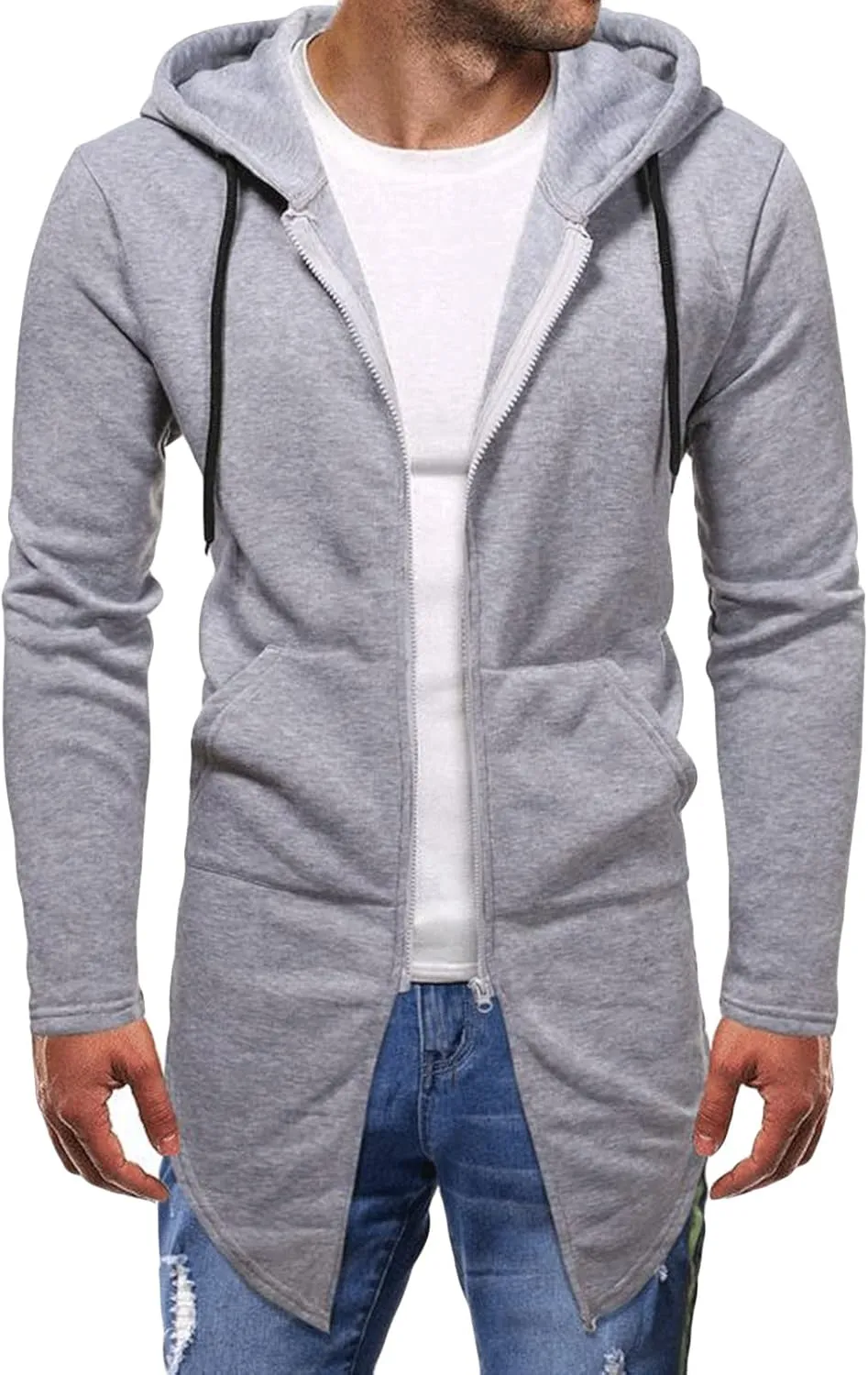 Maiyifu-GJ Mens Longline Cardigan Jacket Long Sleeve Zip Up Hooded Sweater Lightweight Casual Open Front Coat with Pockets