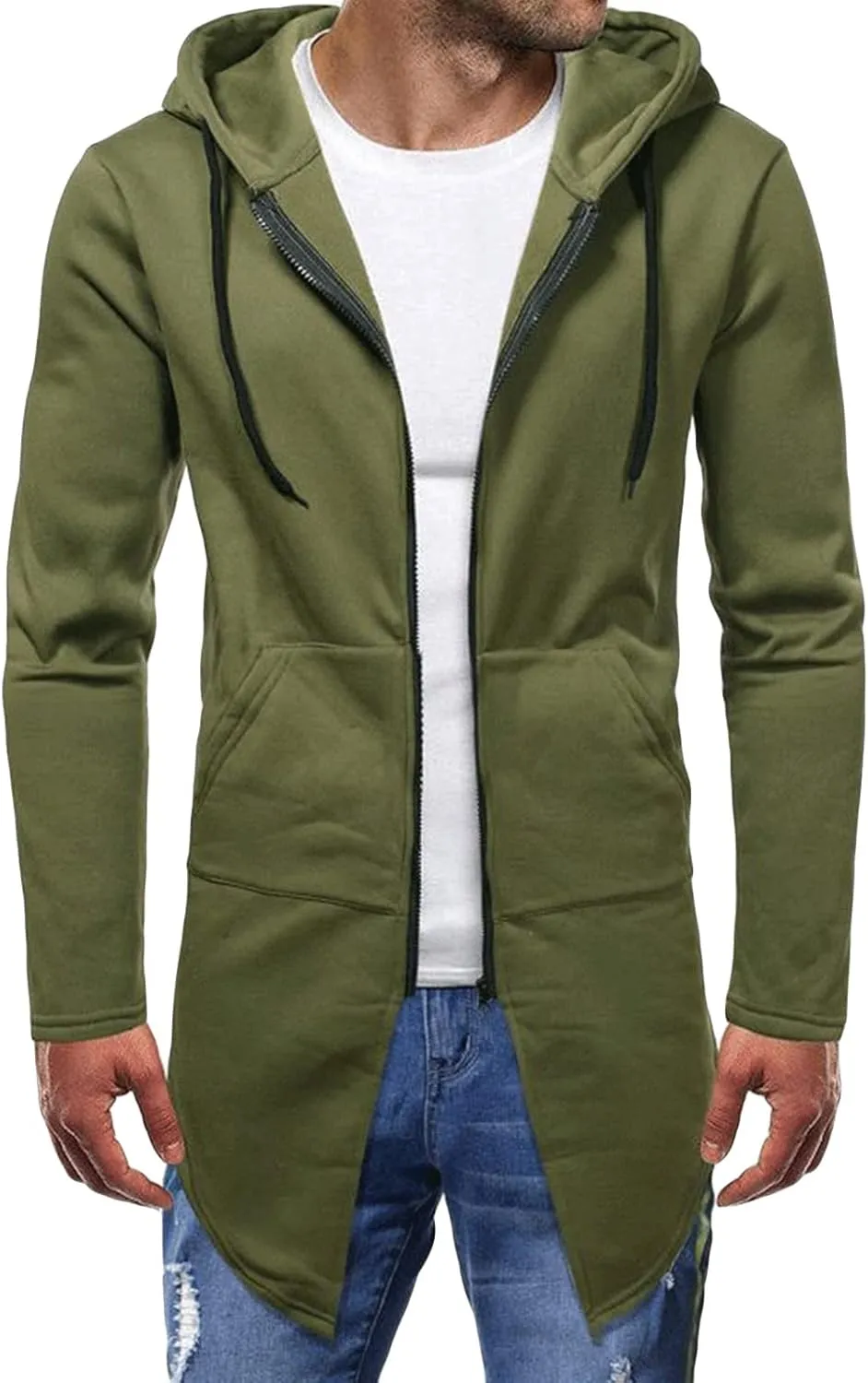 Maiyifu-GJ Mens Longline Cardigan Jacket Long Sleeve Zip Up Hooded Sweater Lightweight Casual Open Front Coat with Pockets