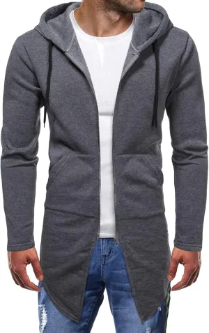 Maiyifu-GJ Mens Longline Cardigan Jacket Long Sleeve Zip Up Hooded Sweater Lightweight Casual Open Front Coat with Pockets