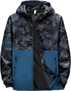 Men Camouflage Hooded Jacket Lightweight Big and Tall Rain Jackets Cycling Hiking Running Casual Raincoat with Pocket
