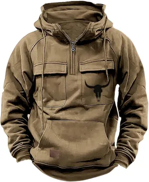 Men Half Zip Hoodies Plus Size Retro Long Sleeve Multiple Pockets Tactical Sweatshirt Casual Gym Athletic Pullover