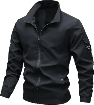 Men Light Bomber Jacket Oversize Softshell Full Zip Stand Collar Windproof Coats Hiking Travel Outwear with Pockets