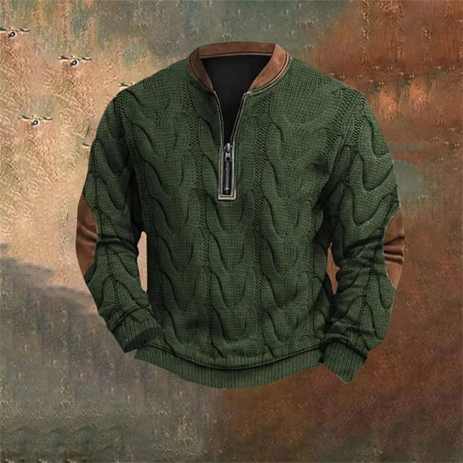 Men's Aztec Western Sweatshirt with Elbow Patch Vintage Distressed Half Zip Long Sleeve Pullover Warm Winter Jackets