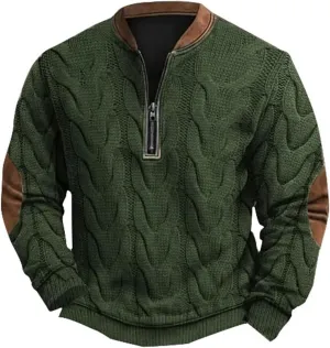 Men's Aztec Western Sweatshirt with Elbow Patch Vintage Distressed Half Zip Long Sleeve Pullover Warm Winter Jackets