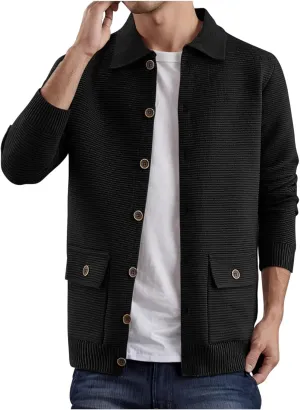 Mens Cable Knit Cardigan Sweater Lapel Button Down Casual Sweaters Fashion Ribbed Chunky Outwear with Pocket