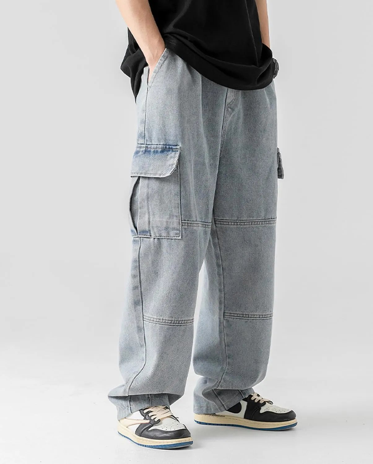 Mens Cargo Jeans Elastic Waist Drawstring Baggy Hip Hop Jeans Y2k Pull On Wide Leg Denim Pants for Teen Boys