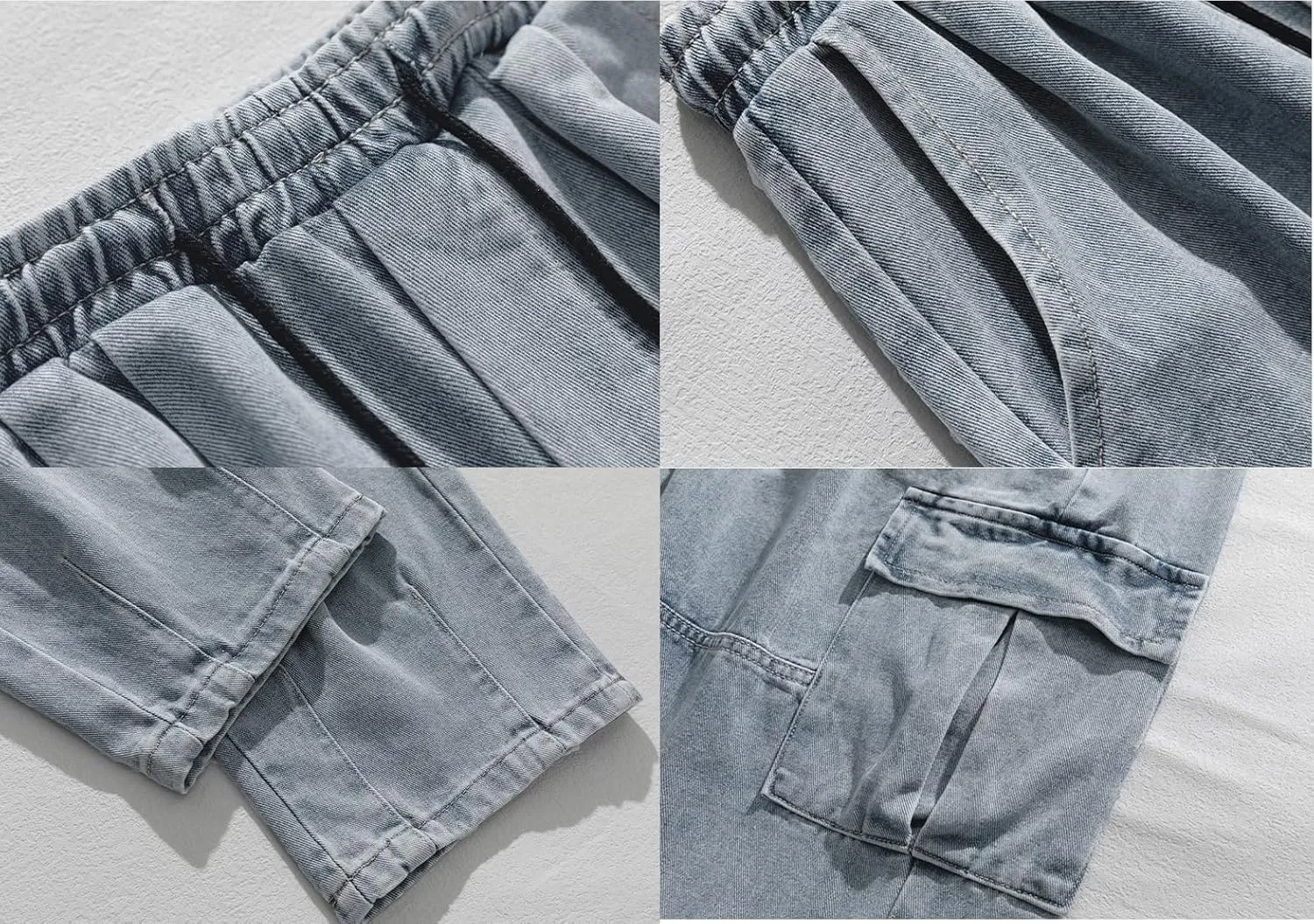 Mens Cargo Jeans Elastic Waist Drawstring Baggy Hip Hop Jeans Y2k Pull On Wide Leg Denim Pants for Teen Boys