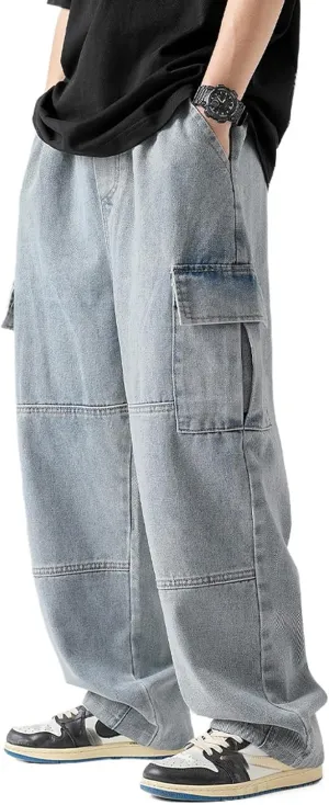 Mens Cargo Jeans Elastic Waist Drawstring Baggy Hip Hop Jeans Y2k Pull On Wide Leg Denim Pants for Teen Boys