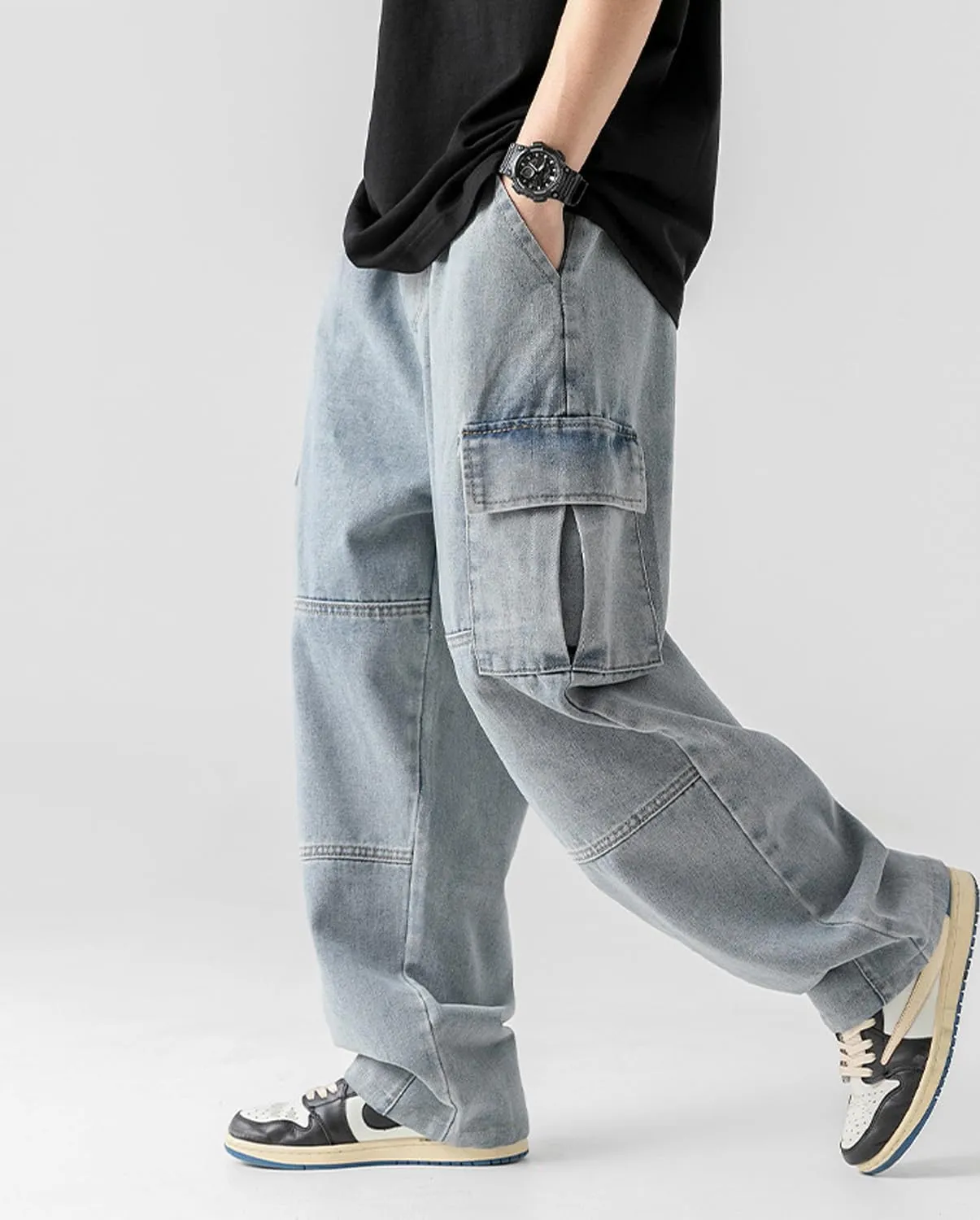 Mens Cargo Jeans Elastic Waist Drawstring Baggy Hip Hop Jeans Y2k Pull On Wide Leg Denim Pants for Teen Boys