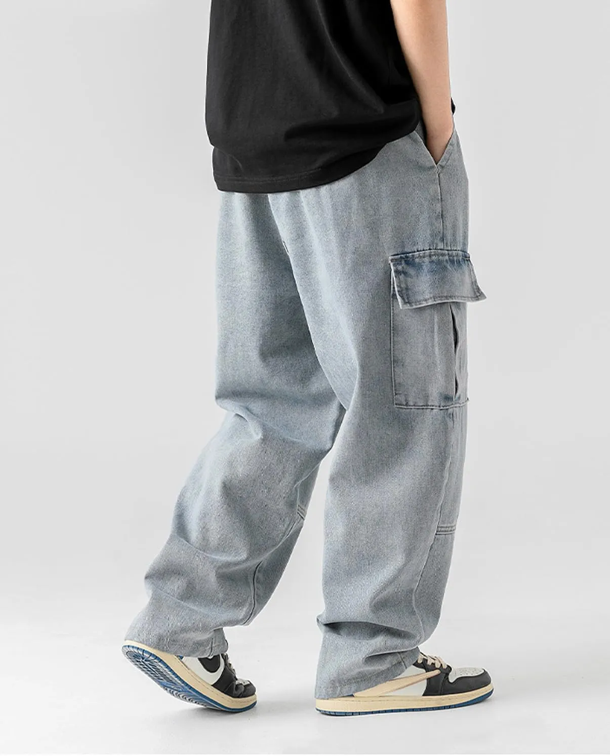 Mens Cargo Jeans Elastic Waist Drawstring Baggy Hip Hop Jeans Y2k Pull On Wide Leg Denim Pants for Teen Boys