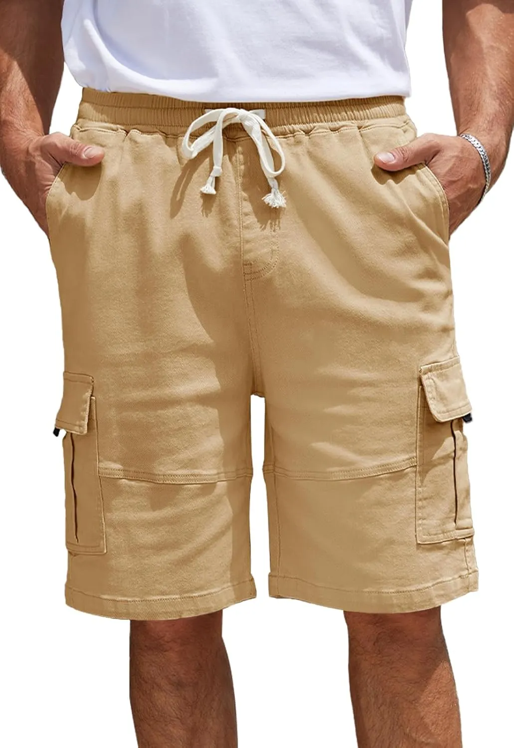 Men's Cargo Shorts Relaxed Fit Drawstring Elastic Waist Stretch Cotton Casual Shorts with 6 Pockets