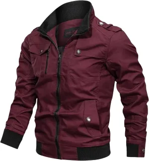 Men's Casual Military Jacket Stand Collar Jackets Coats Fashion Bomber Jackets with Shoulder Straps Pockets
