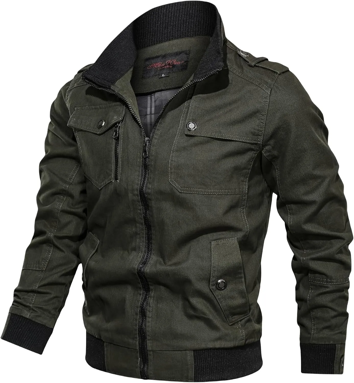 Men's Casual Military Jacket Stand Collar Jackets Coats Fashion Bomber Jackets with Shoulder Straps Pockets